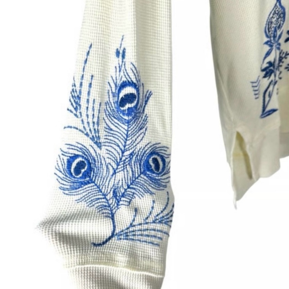 Johnny Was Cream and Blue Peacock Embroidered Shirt NEW WITH TAGS L/S Size small - Picture 6 of 11
